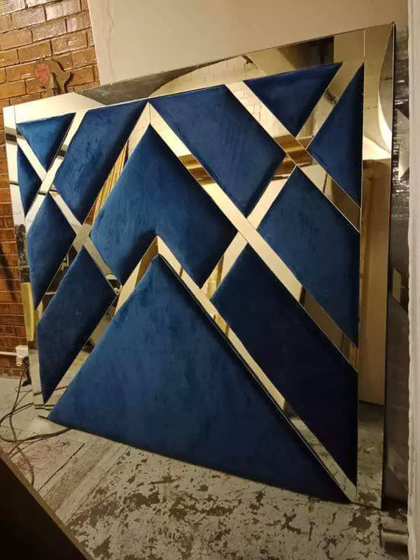 Blue velvet and mirrored geometric panel